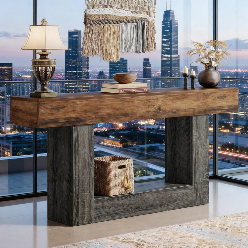 2-Tier Hall Table,Sofa Table,Console Table, Blue+Grey,Brown
