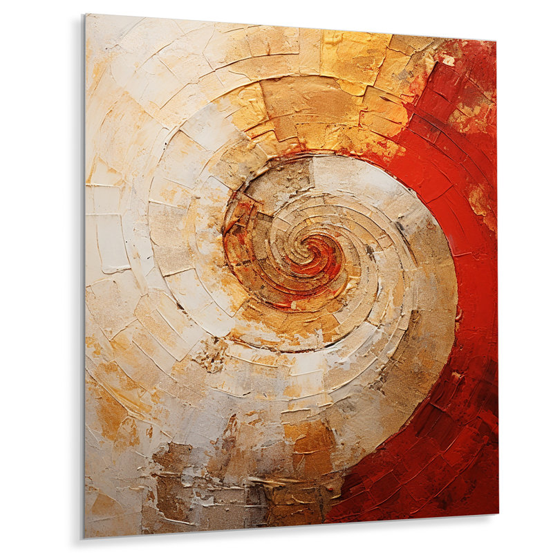 «Beige Red Spiral Poteries» - Impression murale en métal à spirales abstraites, H 20 po x l 12 po x P 1 po