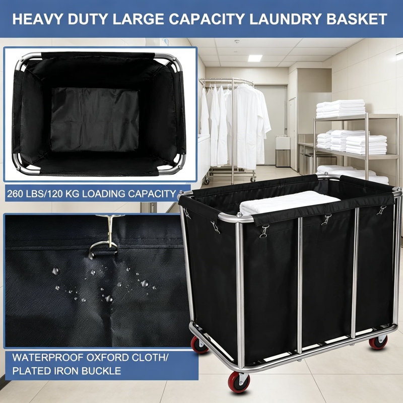 Commercial Stainless Steel Heavy Duty Laundry Cart with Wheels, Large Capacity 11.35 Bushel Service Cart for Hotel, Home, School, Resort, Black