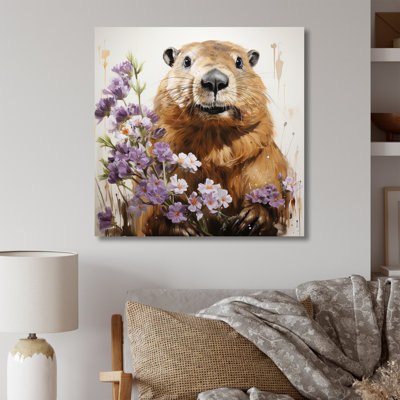 «Brown Tranquil Wetland Beaver Blooms», art mural animaux