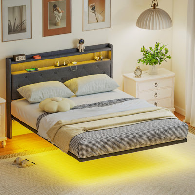 HOMCOM Bed Frame Floating Bed Frame with RGB LED Lights Grey