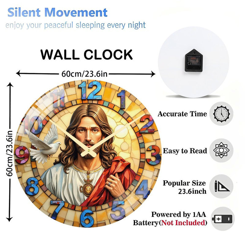 Horloge murale religieuse en verre coloré avec art de Jésus - Horloge murale 24 po