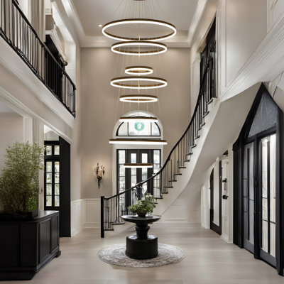 8-Rings Modern Led Chandelier Black Contemporary Dimmable Ceiling Pendant Light With Remote Control, Foyer High Ceiling Chandelier For Staircase Living Room Entryway