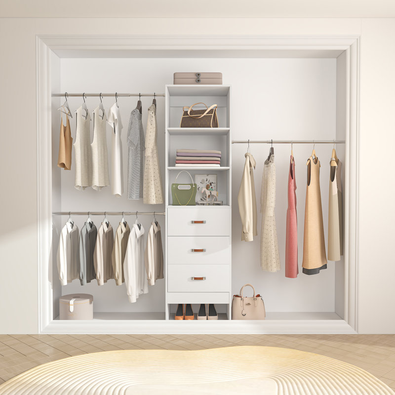 21"-96" Closet System With 3 Drawers And 3 Rods(Can Be Cut To Fit), White