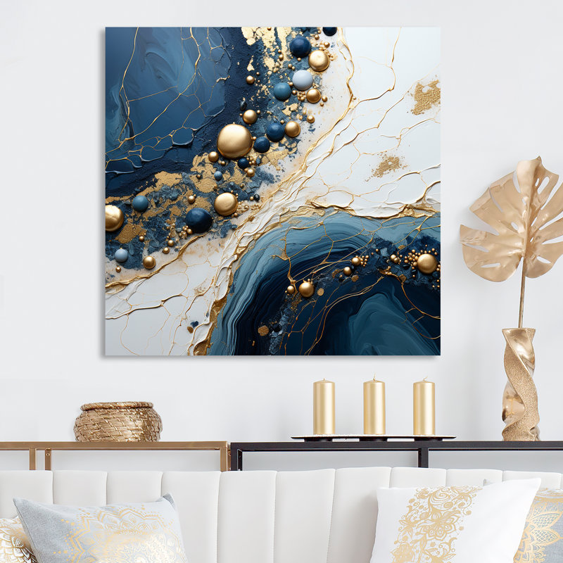 Géode dorée et bleue, liquide Art I - encre liquide, art mural abstrait en métal, H 29 po x l 29 po