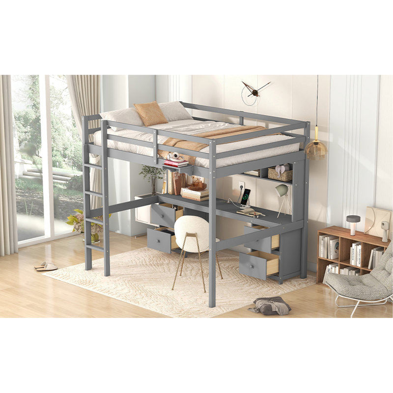 Wood Full Size Loft Bed In Gray With Desk, Storage & Charging Outlet Point, Gray