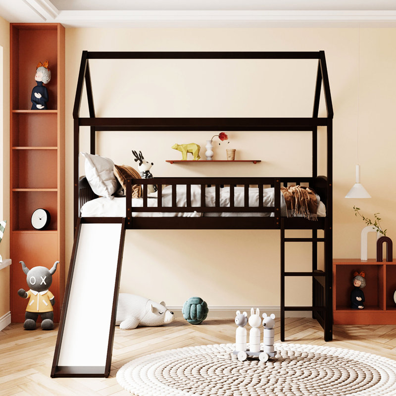 Lit mezzanine simple avec glissade - conçu pour le divertissement et la glissade, longévité, Espresso