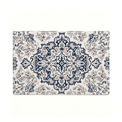 Tapis médaillon bleu et blanc 120 x 80 cm, décoration intérieure traditionnelle