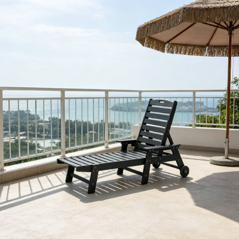 Oversized Outdoor Lounge Chair - HDPE with Wood Texture, 5 Adjustable Positions, Built-in Cup Holder, Rolling Wheels, Gray