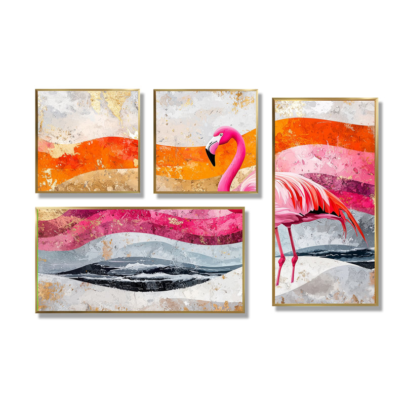 Or rose, flamant rose sur un paysage de plage audacieux I - animaux, reproduction d'art sur toile 4 pièces, Doré