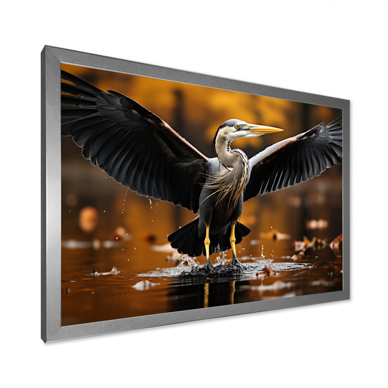 «Yellow Black Heron Elegance» dévoilé sur toile, H 12 po x l 20 po x P 1 po, Cadre photo argenté