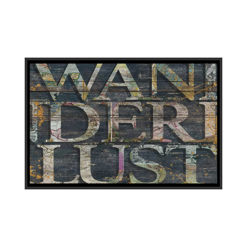 « wanderlusted reclaimed », art textuel sur toile, H 18 po x l 26 po x P 1,5 po, Toile avec cadre noir, Pas de tapis