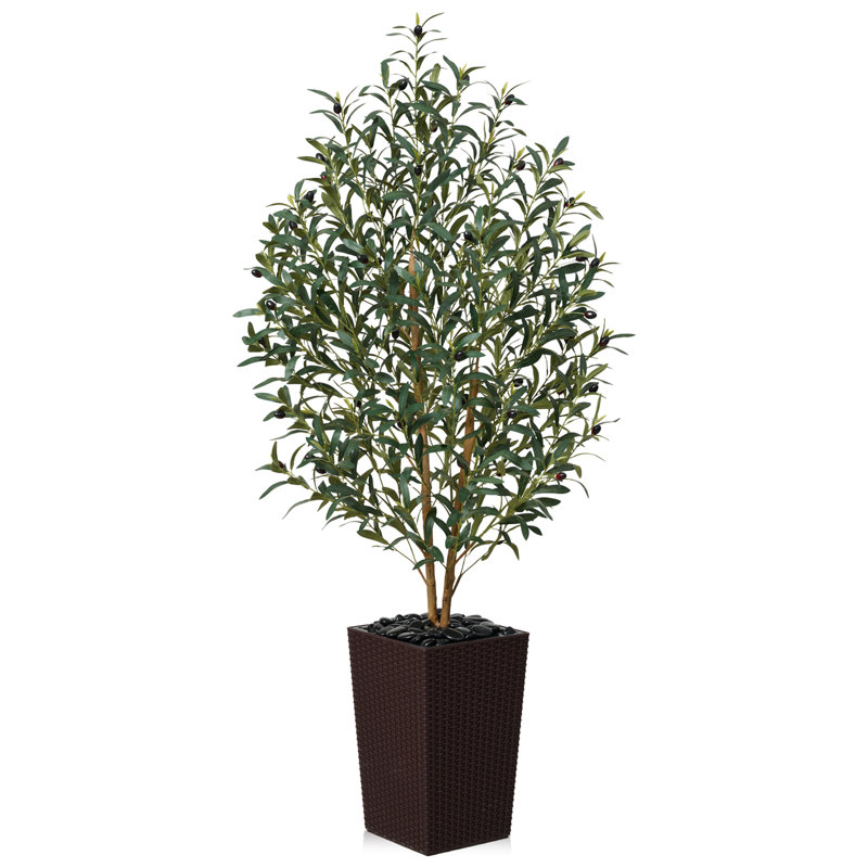 Adcock Faux Olive Tree with UV Protection, 2 Natural Tree Trunks, Large Decorative Potted Olive Tree, Brown
