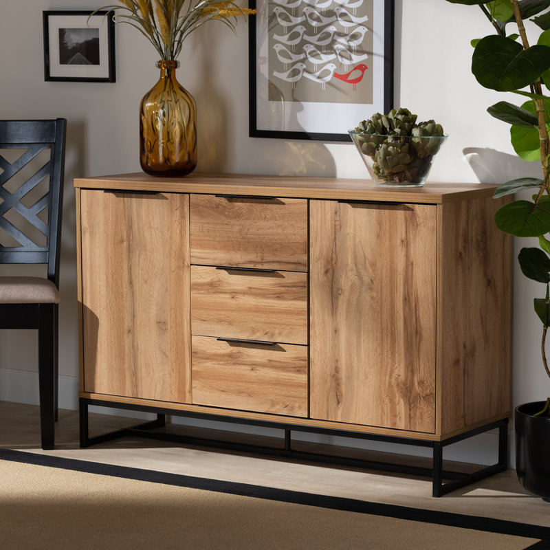 Reid Natural Oak and Black Metal Sideboard Buffet