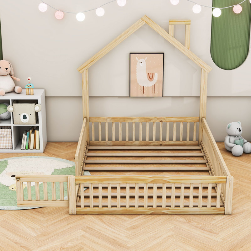 Full Wood House Bed Frame with Guardrails, Natural