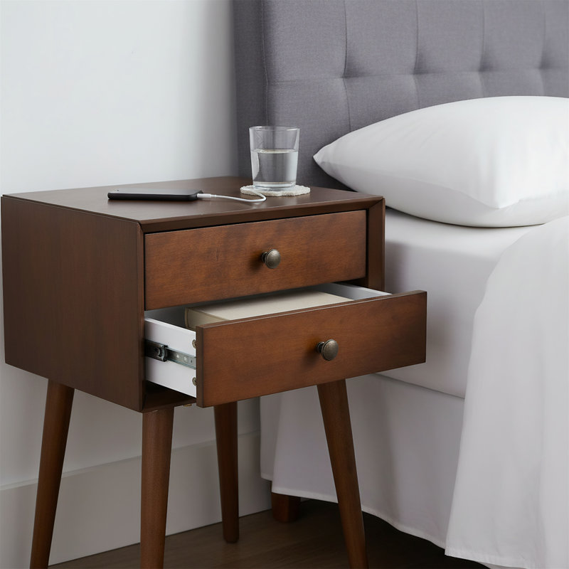 Bedside Table With Two Drawers, Storage-equipped Side Table, Walnut