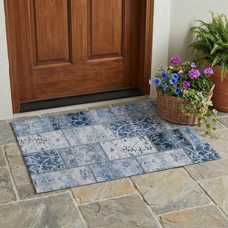 2' X 3' Denim Blue Patchwork Washable Non Skid Indoor Outdoor Area Rug