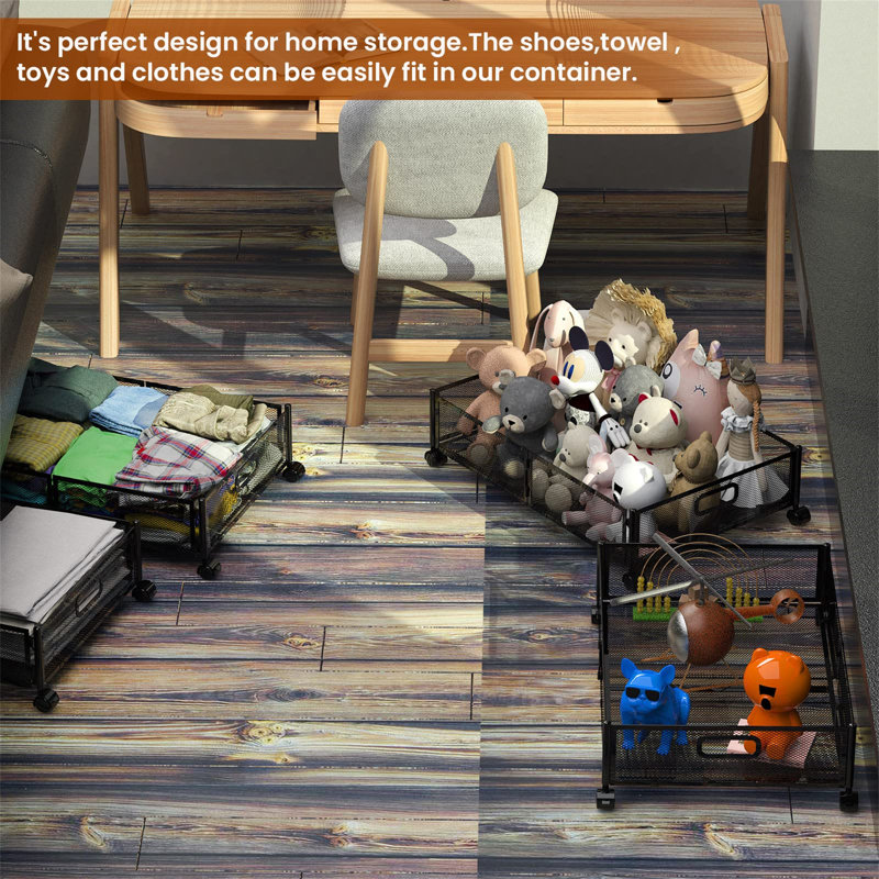 Black Metal Foldable Under Bed Storage Containers with Wheels