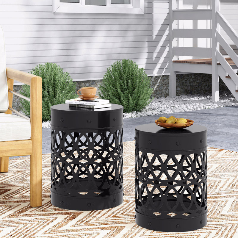 Table de bout d'extérieur en fer thermolaqué pour l'extérieur, ensemble de 2, Noir, 2