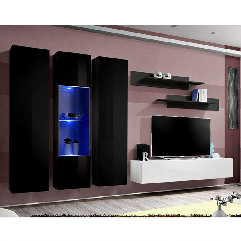 Vong 120" Modern Floating Wall Mounted Entertainment Center with 16-Color LED Lighting, High Gloss Finish, Black/White