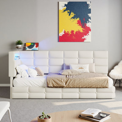 Customizable RGB LED Lighting Upholstered Daybed with Storage 2 Drawers and Charging Station by Ivy Bronx