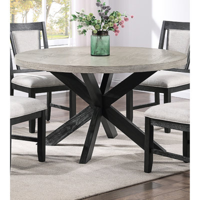 Table ronde contemporaine à deux tons, 4 places, table de salle à manger au look rustique avec finition, base sculpturale, pour espace pour 4 personnes