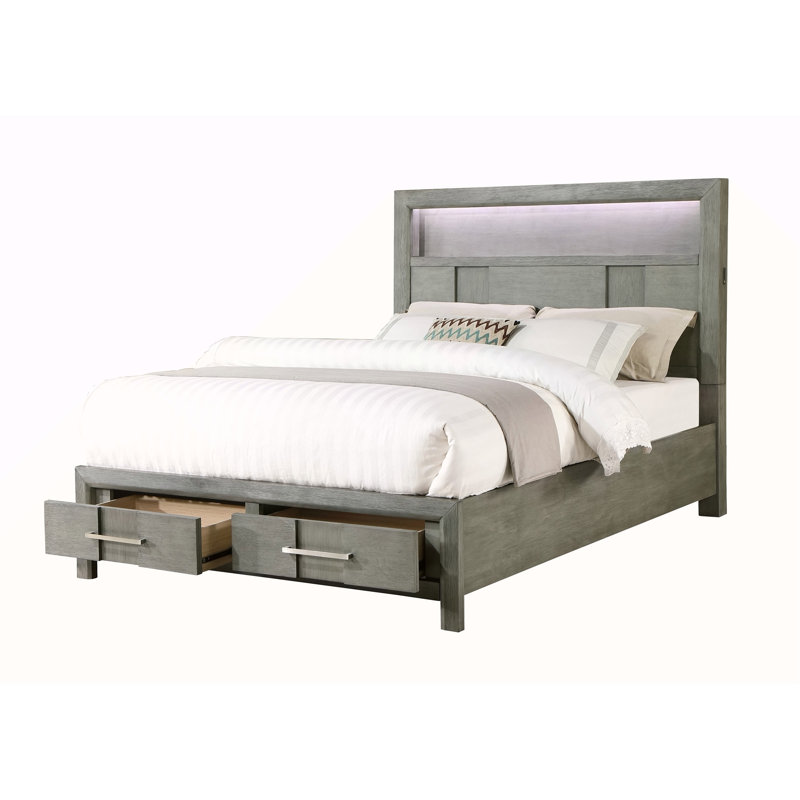Lit Queen de style moderne en bois avec tête de lit DEL et bibliothèque intégrée, couleur gris.