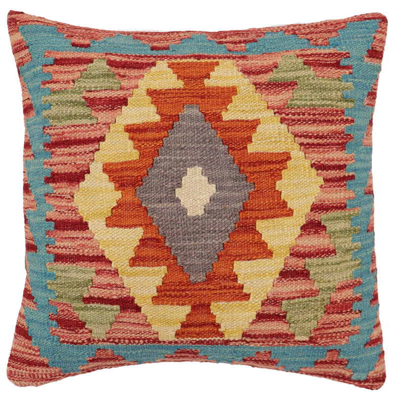 Oreiller rustique en kilim tissé à la main Caballer - 17 po x 18 po Rustic, H 17 po x l 18 po, Rouge / rouille / bleu / gris