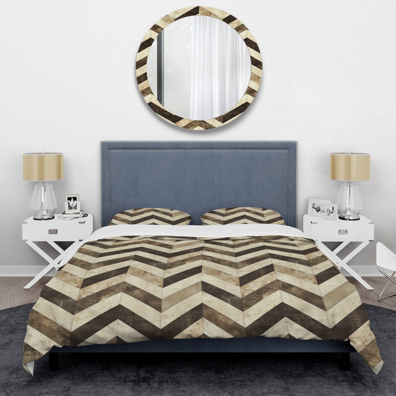 Ensemble de housse de couette moderne à motif de chevrons brun et beige I, Housse de couette simple et deux taies décorative