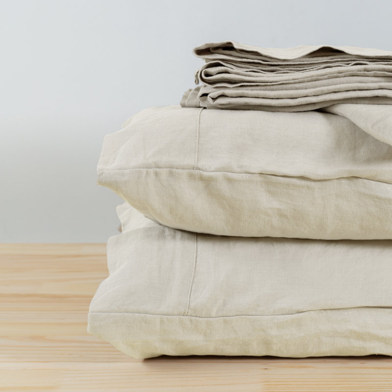 Queen Oatmeal Cotton Solid Sheet Set with Pillowcases