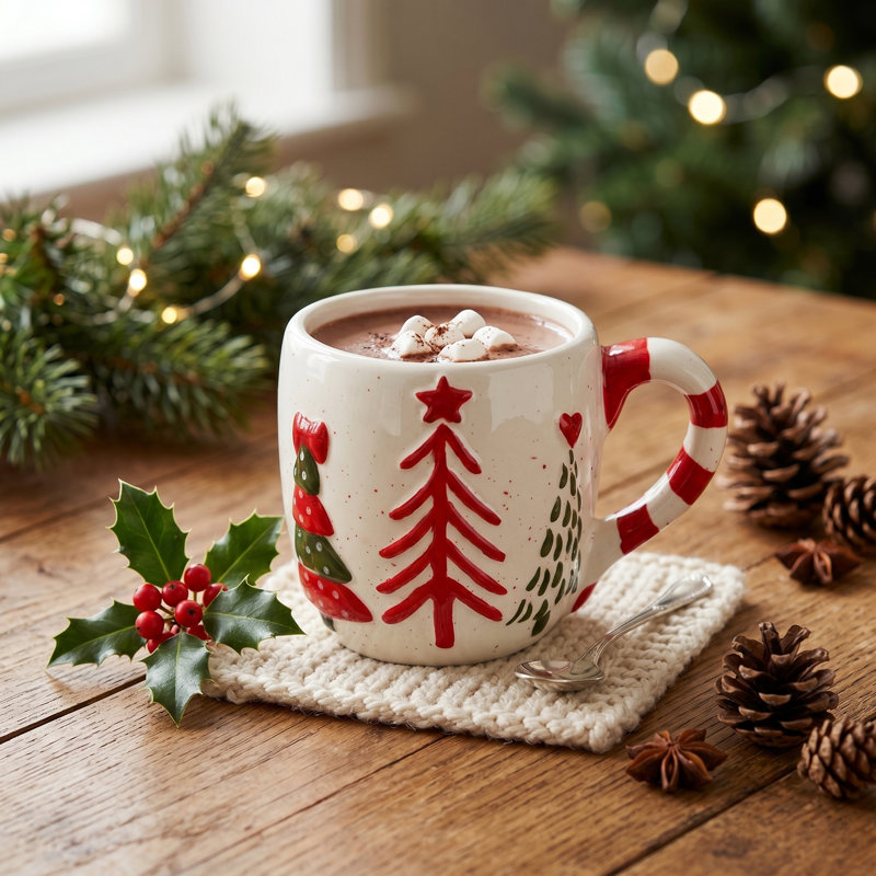 Tasse d'arbre de Noël en céramique - tasse de café des Fêtes avec poignée de canne de bonbon