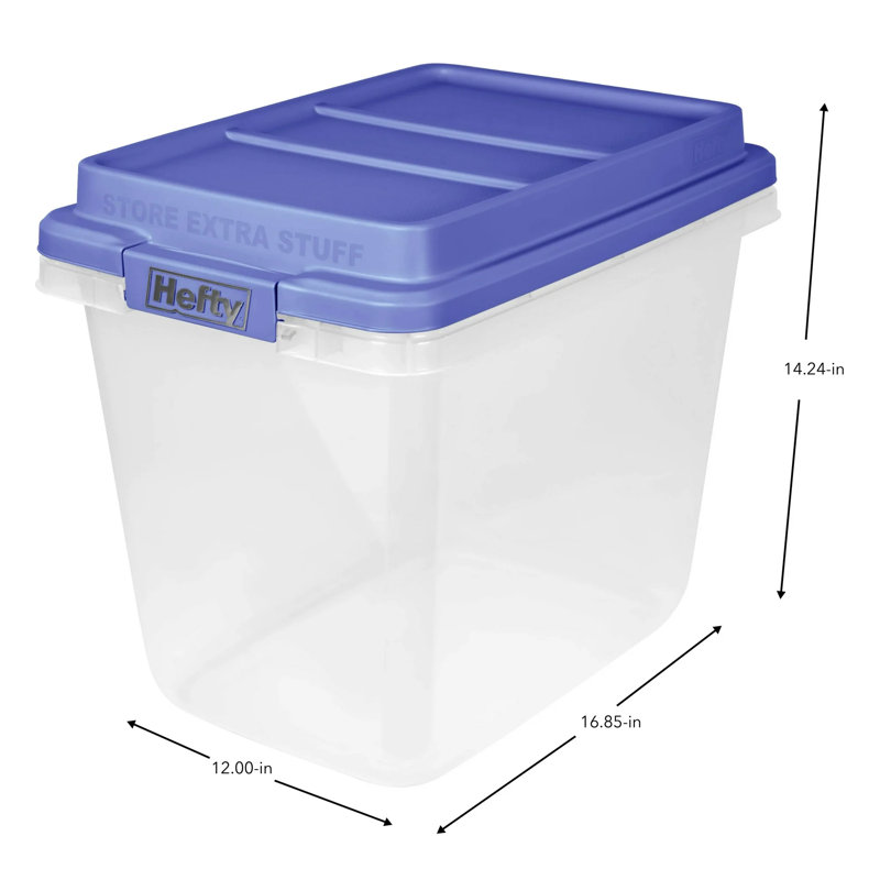 Hefty 6 Pack 32 Quart Hi-Rise Stackable Plastic Storage Bin with Lid, Clear/Blue, 32, 14.24" H x  16.85" W x  12" D 
