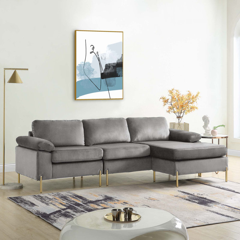 Shannon Velvet Sectional Sofa with Chaise, Gray Velvet