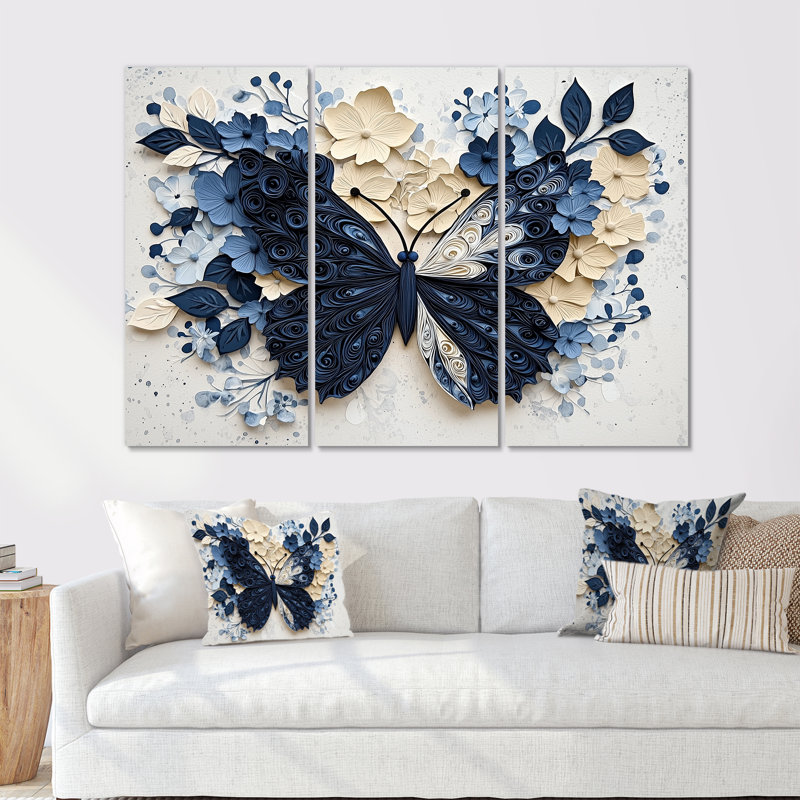 Ensemble de salon art mural papillon bleu en fleurs, H 40 po x l 60 po, Toile tendue, Ne s’applique pas