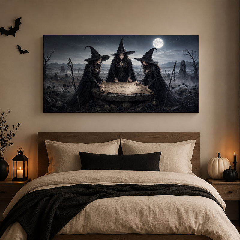 Trois sorcières en noir examinant une carte sous une toile murale d'Halloween, L 46 po x H 24 po