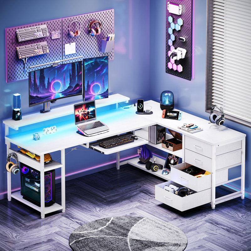 Lymon L-Shaped Metal Base Computer Desk with Power Outlet, White