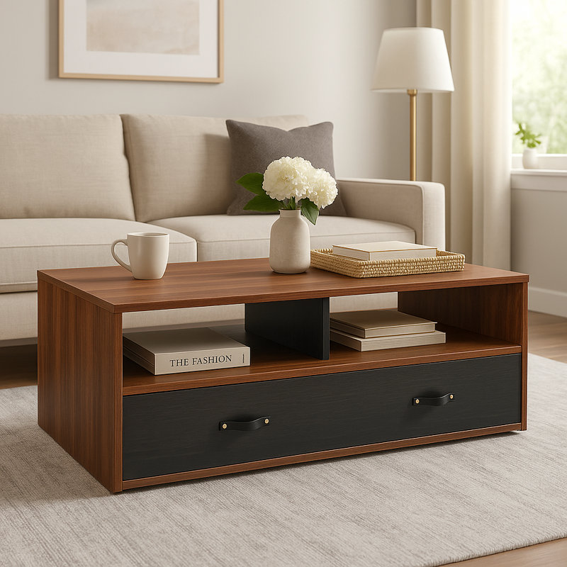 Nigelus Floor Shelf Modern Coffee Table with Storage and Faux Leather Pulls