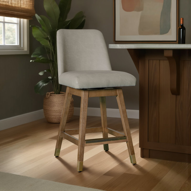 Bolivar Transitional Swivel Rubberwood Counter Or Bar Height Barstool With Faux Leather Seat, Salted Oak/Moonstone