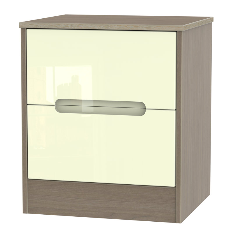 Fully Assembled Vernon 2 Drawer Bedside Table, Cream Gloss/Toronto Walnut