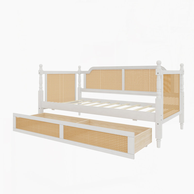 Rattan Daybed with 2 Drawers for Limited Space, Twin, Antique White