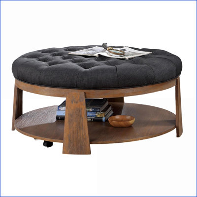 Repose-pieds avec capitonnage profond Tablette ouverte | Gris transitionnel transitionnel / Aspect lin | Noyer brun | Bois massif