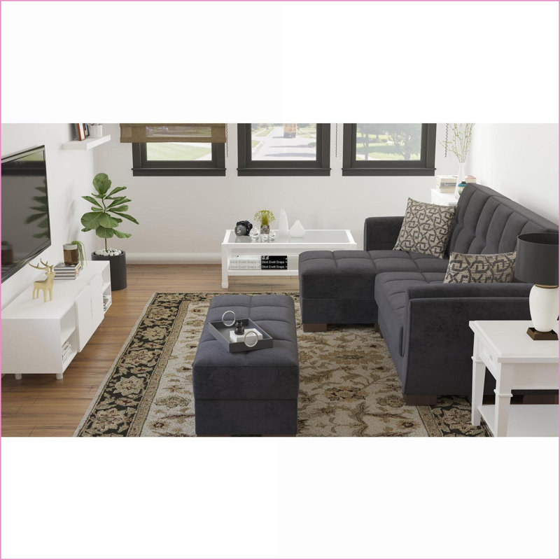 Repose-pieds avec rangement, microfibre noire, pieds modernes en bois brun noyer | Petits espaces
