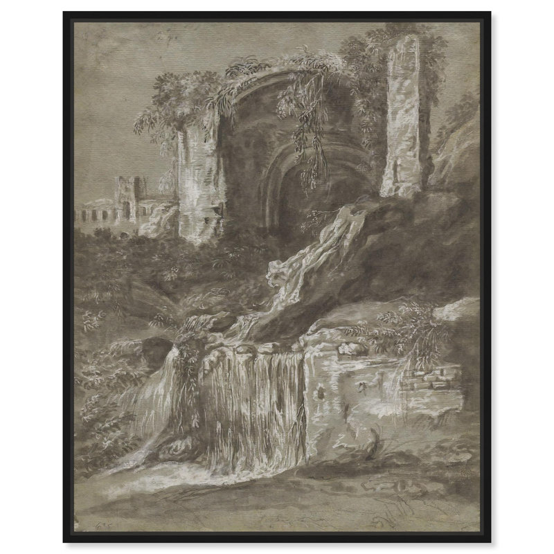 Toile avec ruines , H 21 po x l 17 po, Cadre flottant noir