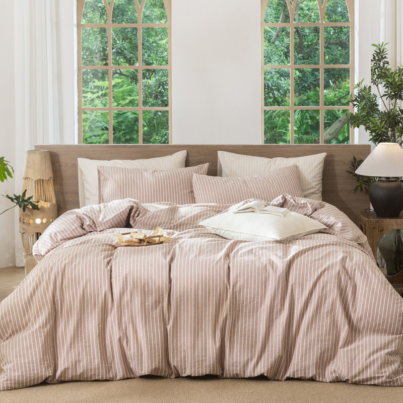 MooMee Striped Duvet Cover Set 100% Washed Cotton Linen Like Textured, California King Duvet Cover + 2 King Pillowcases