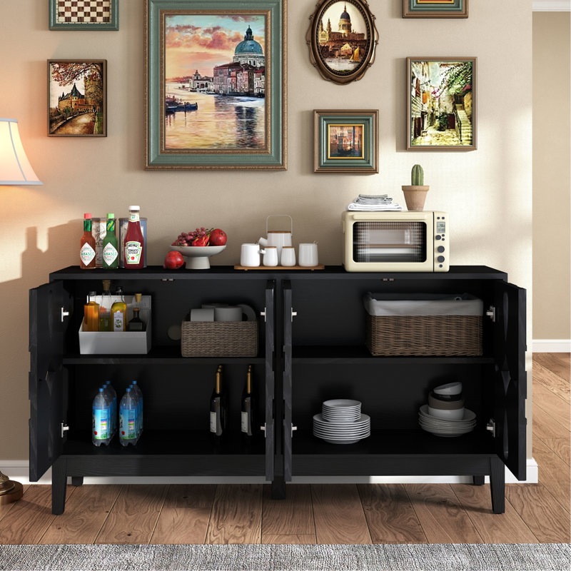 Buffet 60,5 "Mid Century Modern Buffet avec rangement, meuble télé, armoire de rangement avec 4 portes et tablettes réglables pour la cuisine, le salon, le vestibule, noir