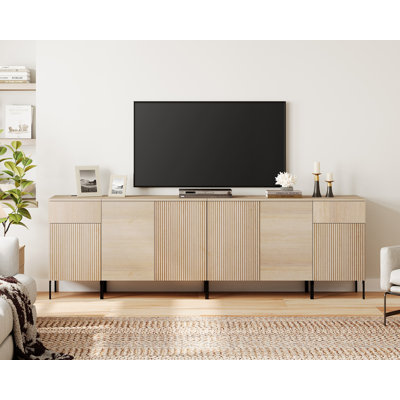 94.5" Modern Reeded Dresser TV Stand For Tvs Up To 100 Inch, Entertainment Center With Charging Station, Wooden TV Console With Storage For Living Room