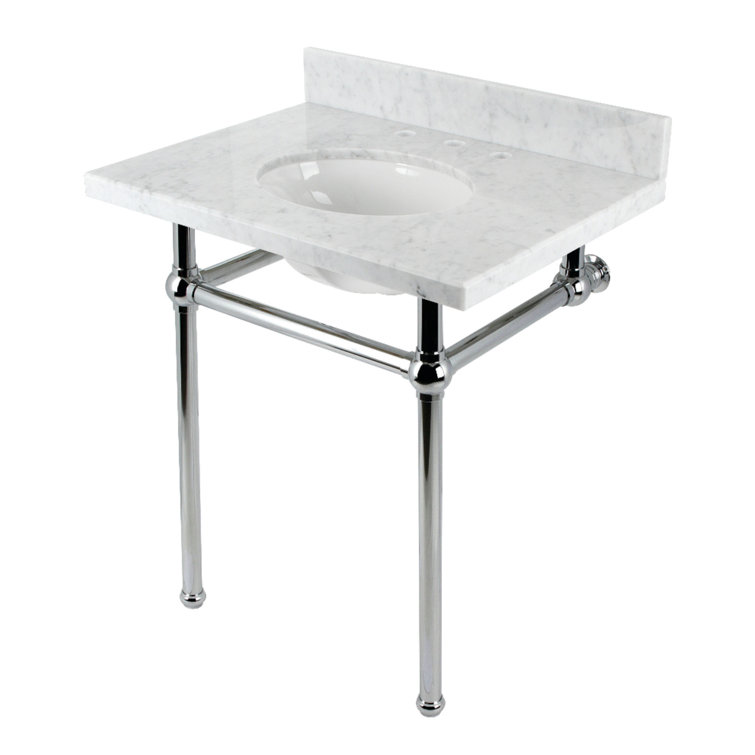 Marble White/Polished Chrome Oval Console Bathroom Sink with Overflow