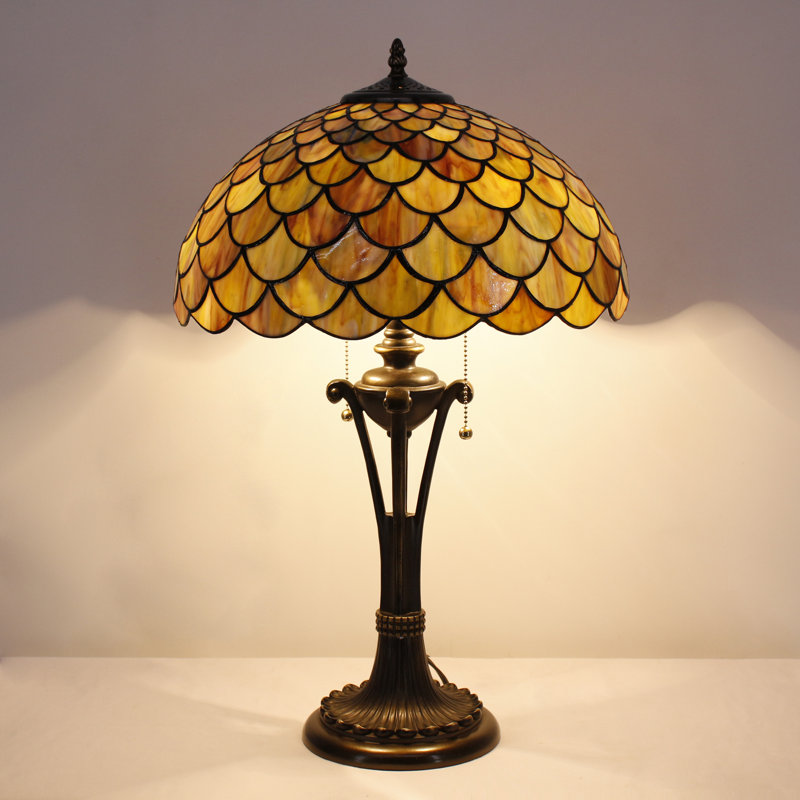 Tiffany Table Lamp Yellow Green Stained Glass Desk Lamp 16X16X24 Inches Fish Scales Style Reading Light