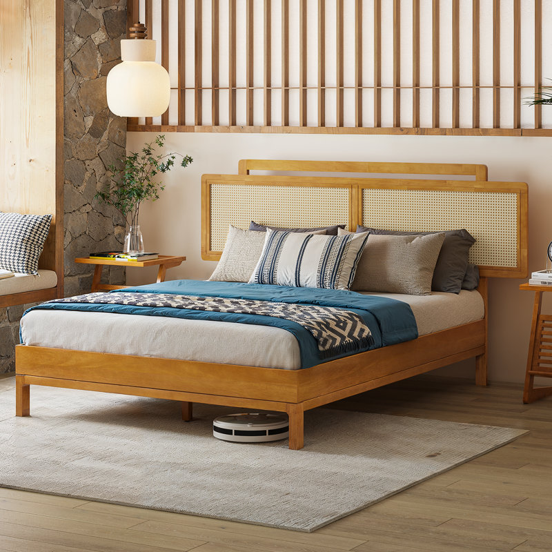 Structure de lit Neil avec tête de lit en bois d'hévéa et en rotin - design minimaliste élégant japonais, fabrication robuste, assemblage facile - grand, brun teck