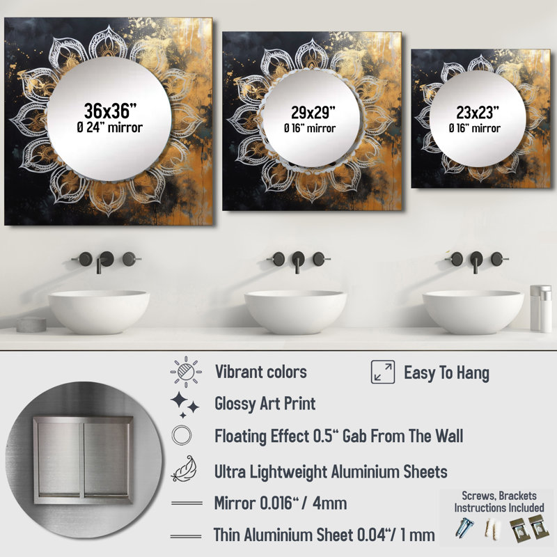 Nettgen - Boho Mandala Square Mirror Wall Art For Bathroom, 23" x 23"